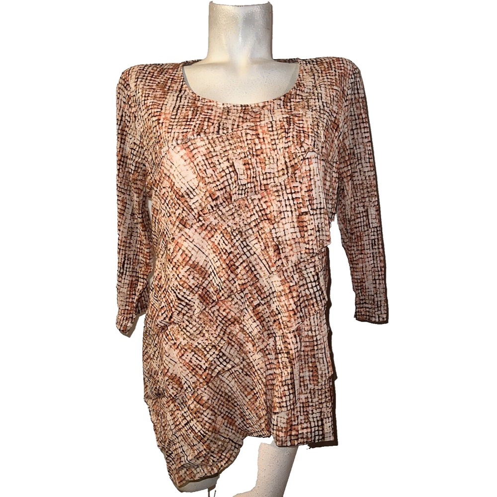 Chicos Top Size L (2) Pink Brown Mesh Slant Tiered 3/4 Slv Popover Blouse Shirt